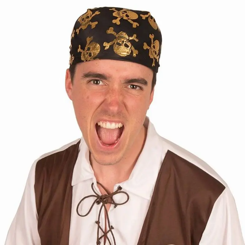 Bandana pirate noir têtes de mort dorées