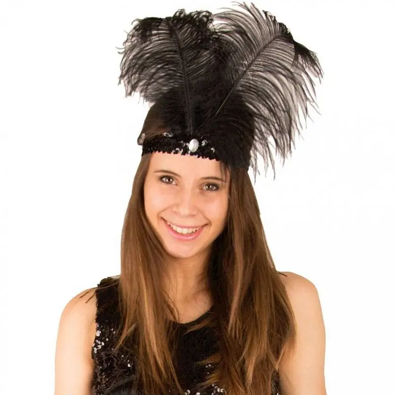 Bandeau charleston noir à plumes d'autruche