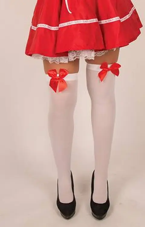 Bas blancs opaques à nœud de satin rouge