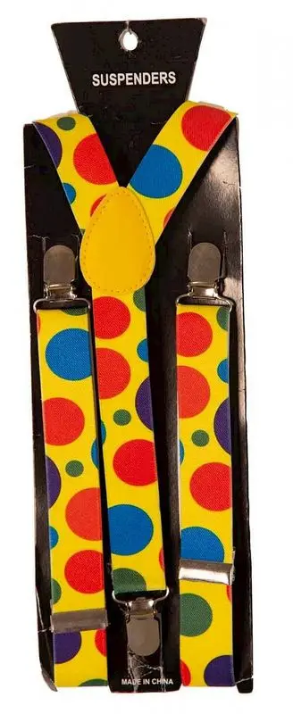 Bretelles de clown jaunes à pois multicolores