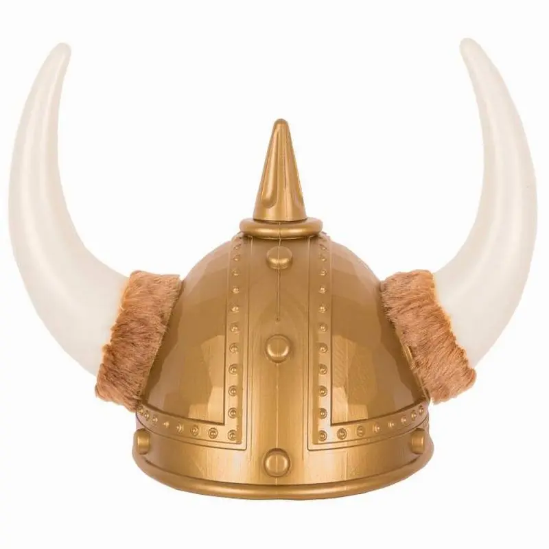 Casque viking doré à cornes et fourrure