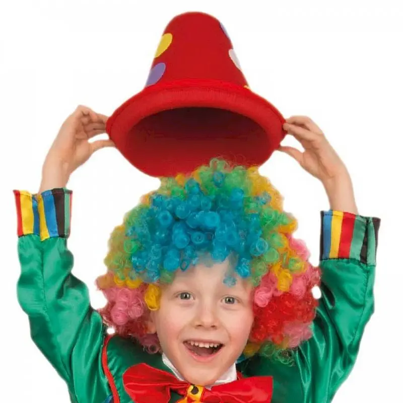 Chapeau de clown rouge à grands pois colorés