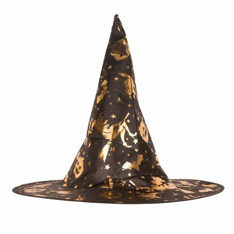 Chapeau de sorcière noir à motifs dorés