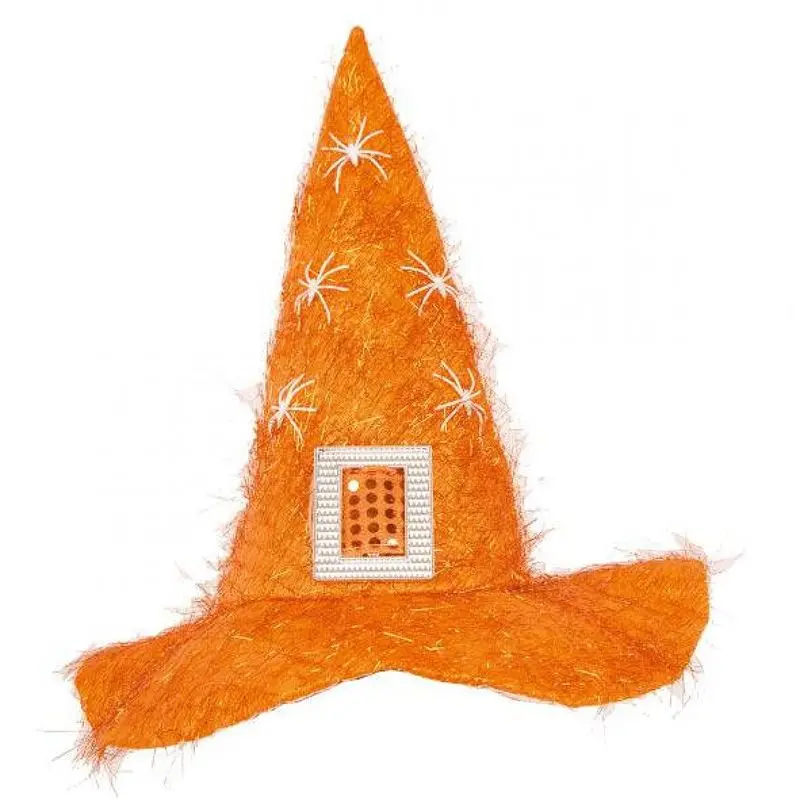 Chapeau de sorcière orange à araignées blanches