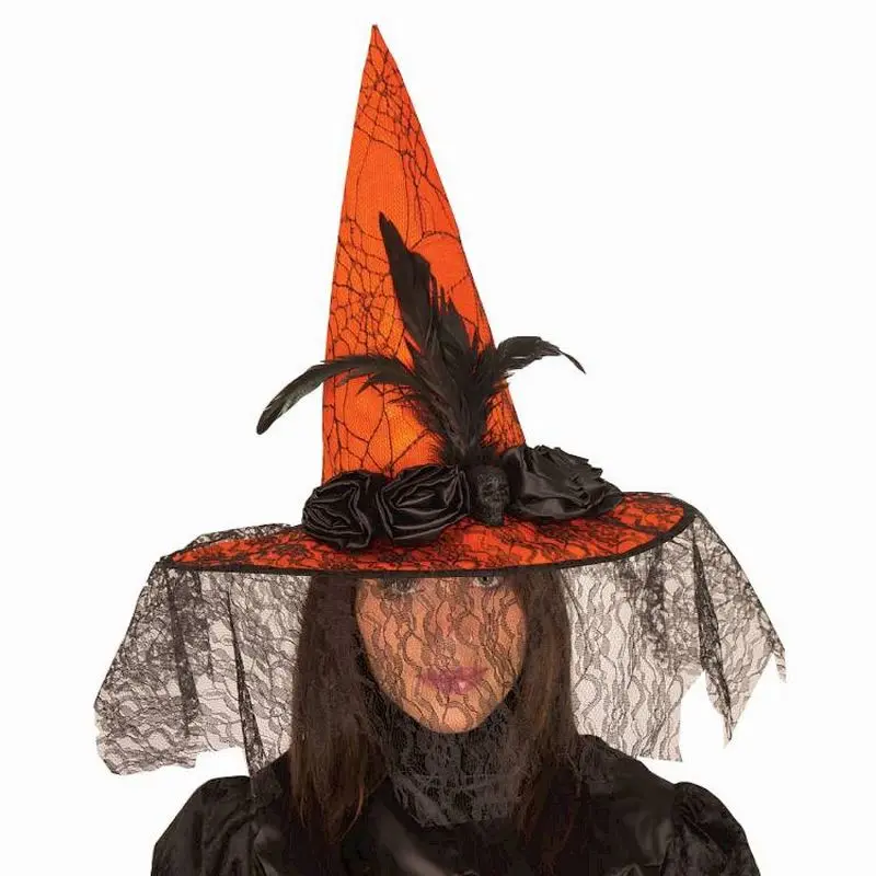 Chapeau de sorcière orange à voile noir
