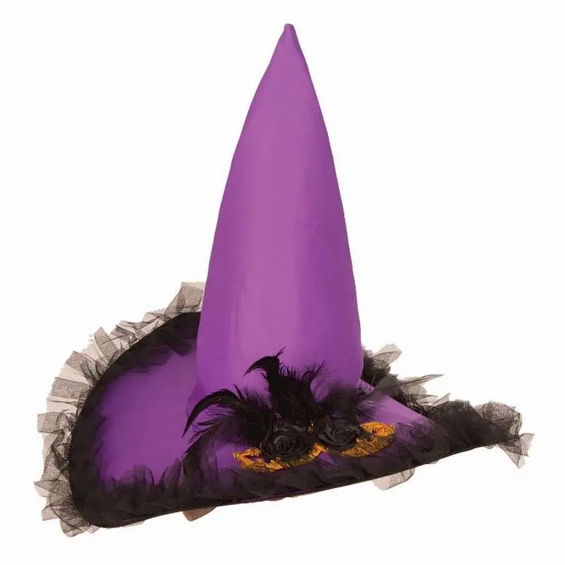 Chapeau de sorcière violet à plumes