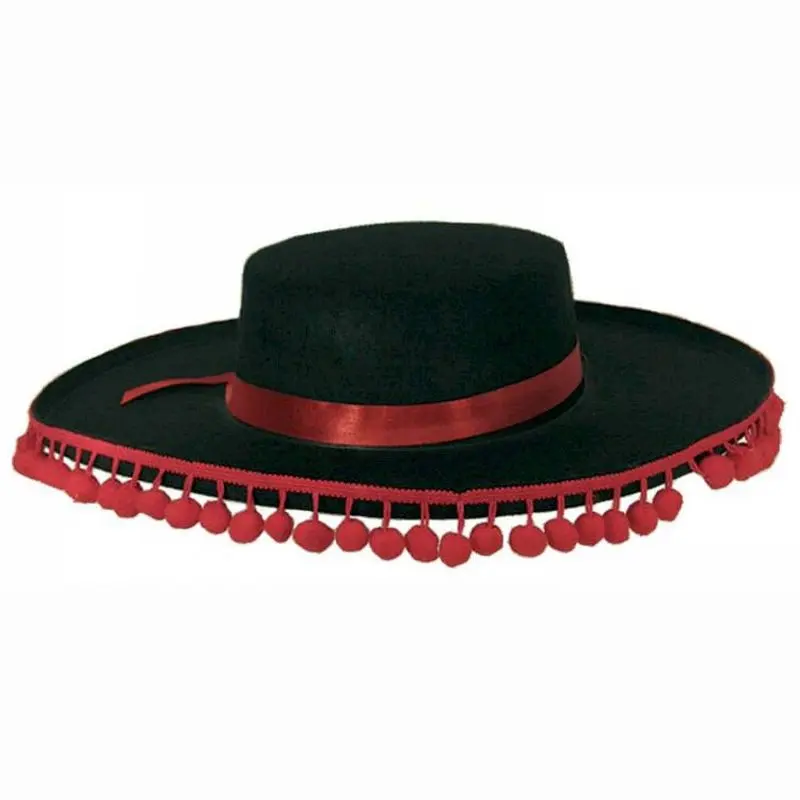 Chapeau espagnol noir à pompons rouges