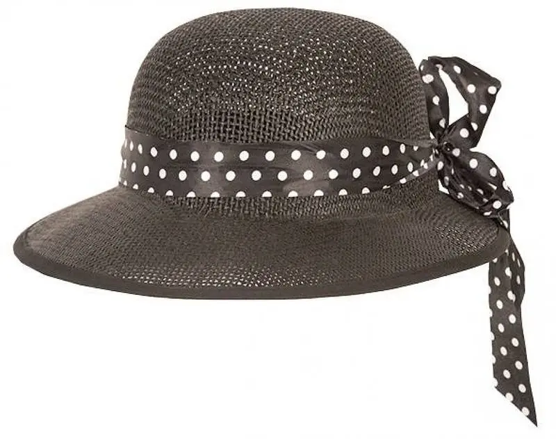 Chapeau tressé noir à ruban à pois blancs