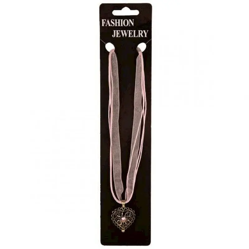 Collier à cœur filigrané sur rubans rose et gris
