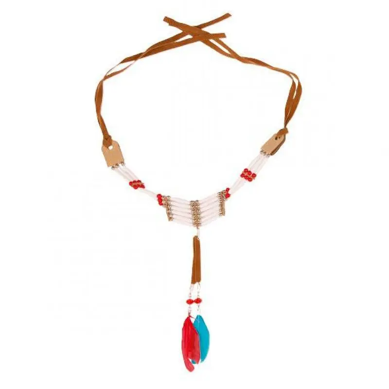 Collier amérindien à perles tubulaires et plumes