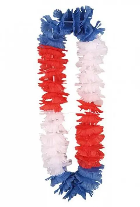 Collier hawaïen à grosses fleurs frangées bleu blanc rouge