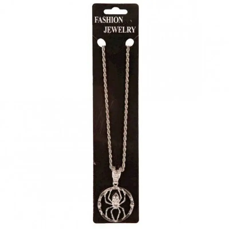 Collier pendentif araignée en médaillon argenté