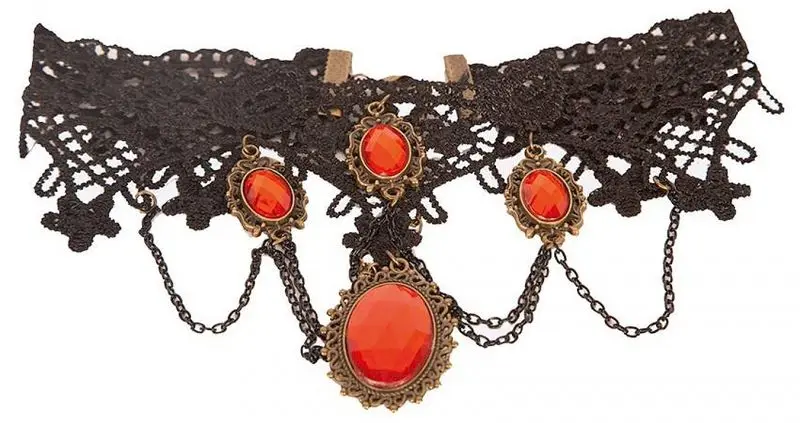 Collier ras-de-cou en dentelle noire à cabochons rouges