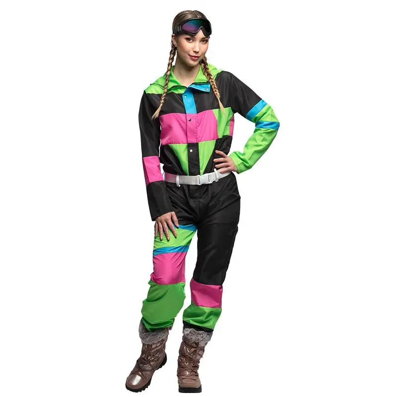 Déguisement combinaison de ski noire et fluo femme