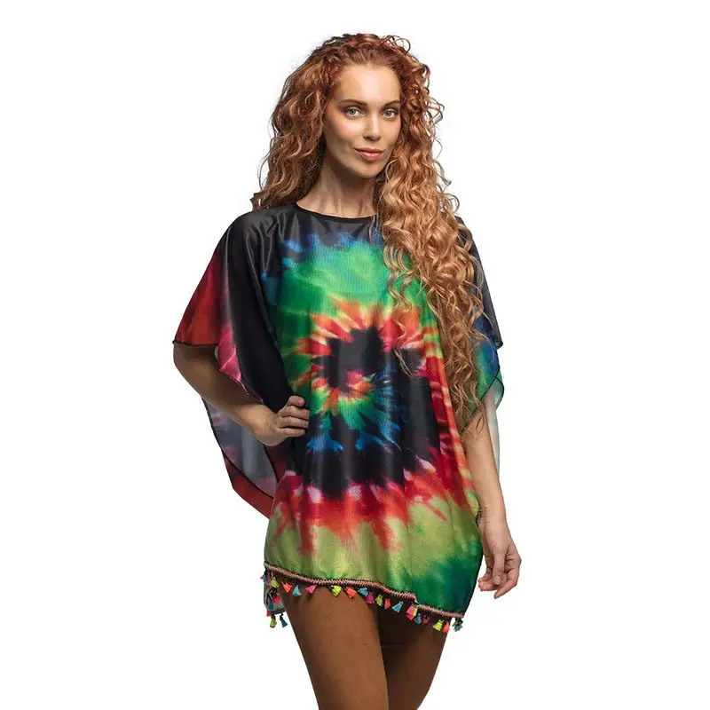 Déguisement poncho tie and dye à pompons