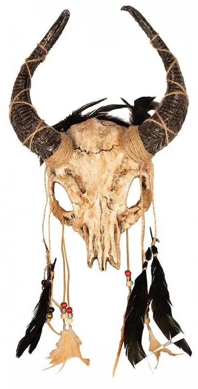 Demi-masque crâne à cornes et plumes