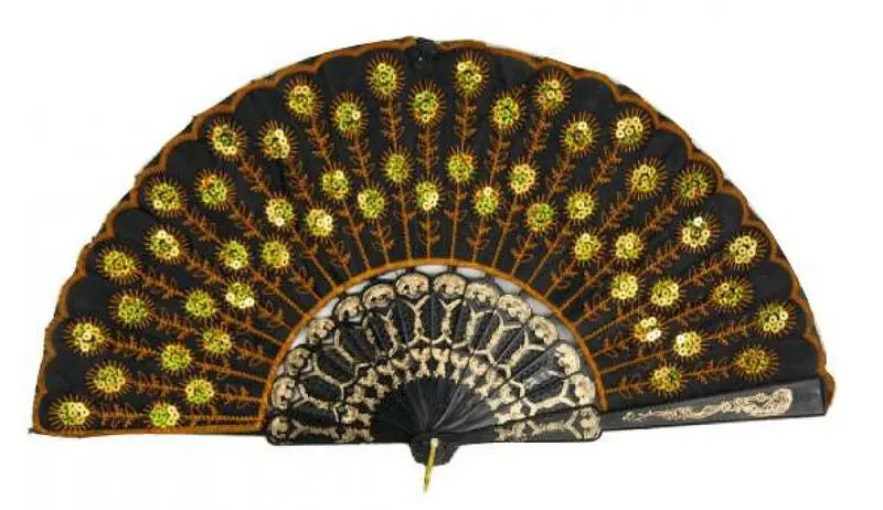 Éventail brodé à paillettes dorées