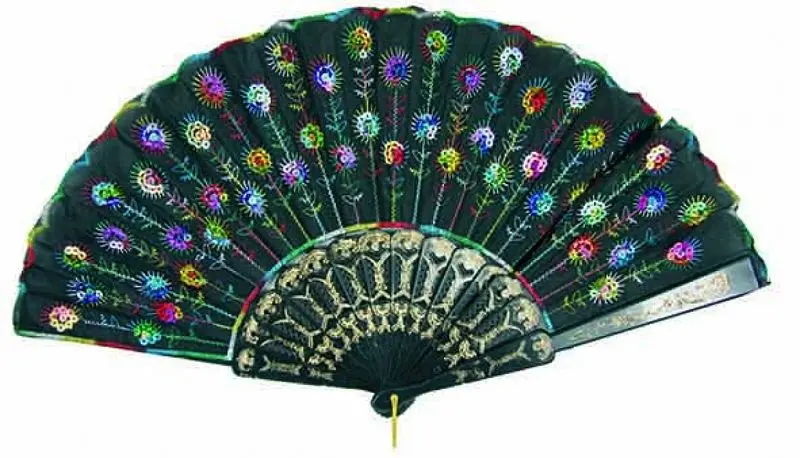 Éventail brodé à paillettes multicolores
