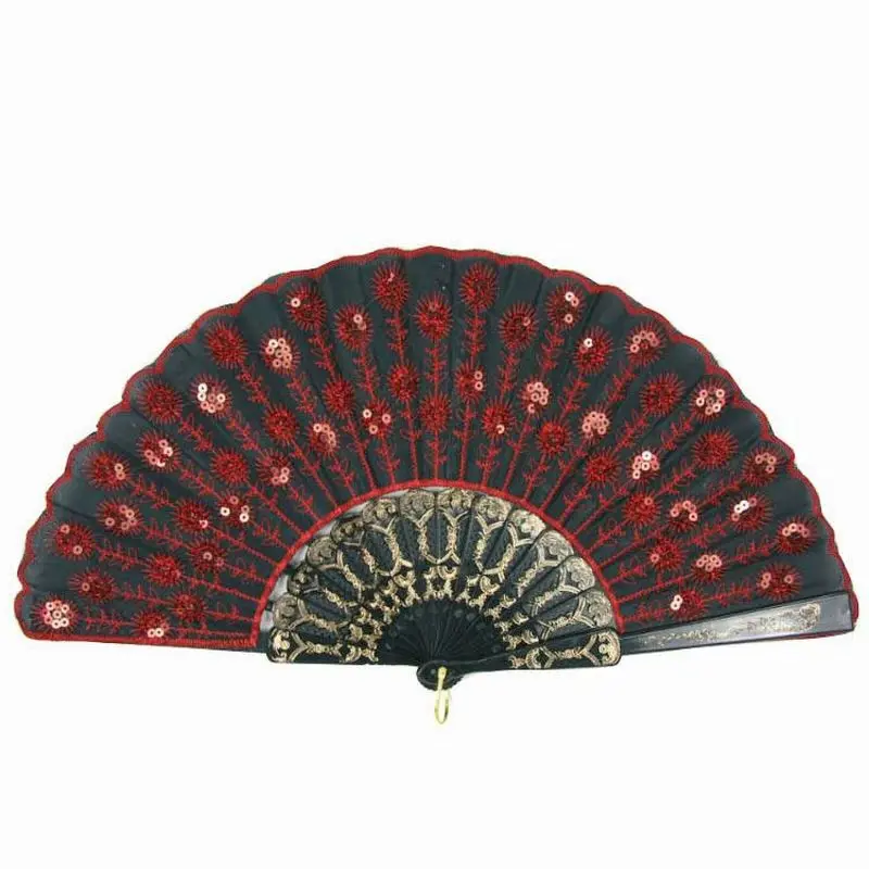 Éventail brodé à paillettes rouges