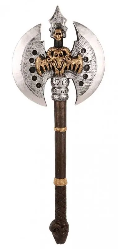 Hache double argentée à crâne ailé doré 70 cm