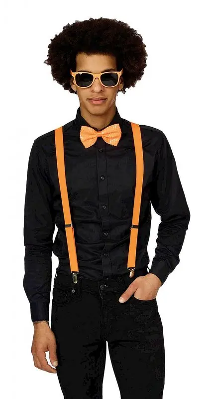 Kit fluo orange à bretelles, nœud papillon et lunettes