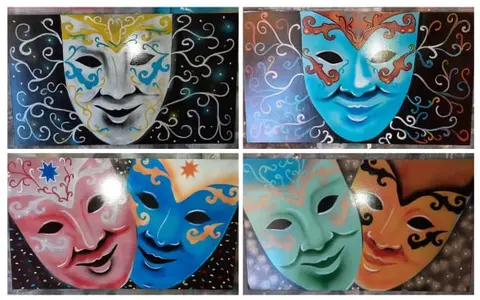 Panneau en bois peint "Masques Venise"