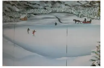 Panneau peint lac gelé et patineurs