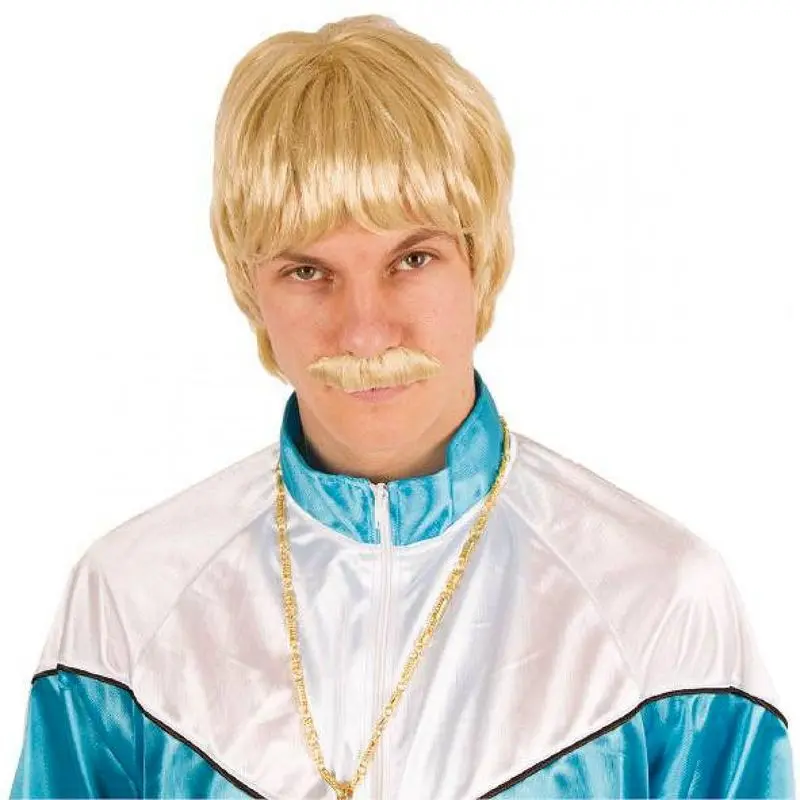 Perruque courte lisse avec moustache blonde