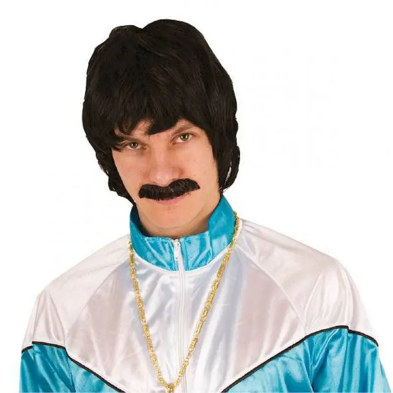 Perruque courte lisse avec moustache noire