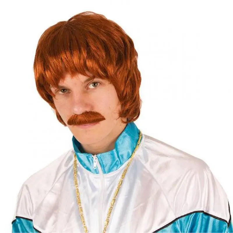 Perruque courte lisse avec moustache rousse