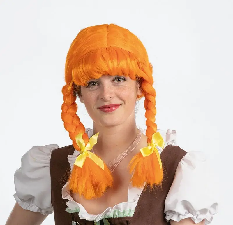 Perruque mi-longue tresses et frange orange
