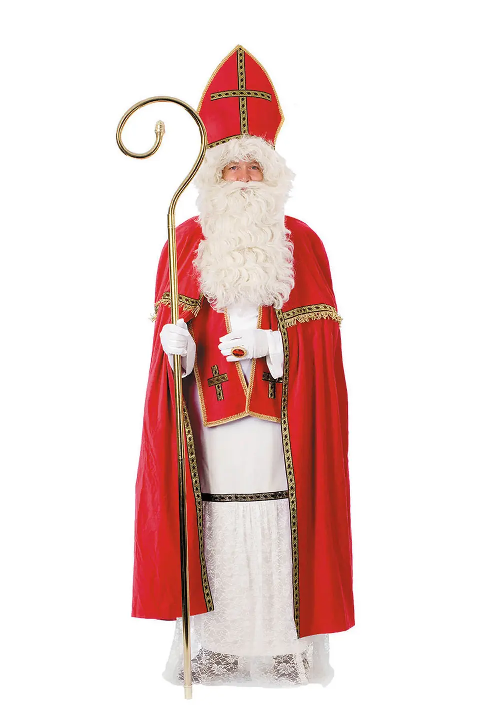 Costume complet de Saint-Nicolas avec mitre, cape et chasuble rouges, robe blanche et crosse dorée