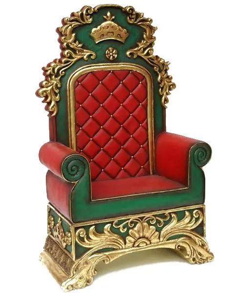 Trône du Père Noël rouge et vert à dorures, dossier capitonné surmonté d'une couronne